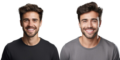 Portrait of a smiling young man in casual clothes posing and looking directly at the camera with healthy teeth after dental treatment isolated on a grey studio background
