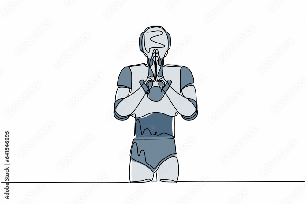 Poster single continuous line drawing robot standing with holding palms in prayer. robot emotion, body lang