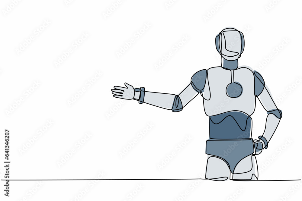 Poster single continuous line drawing robot standing with showing something or presenting project. robotic 