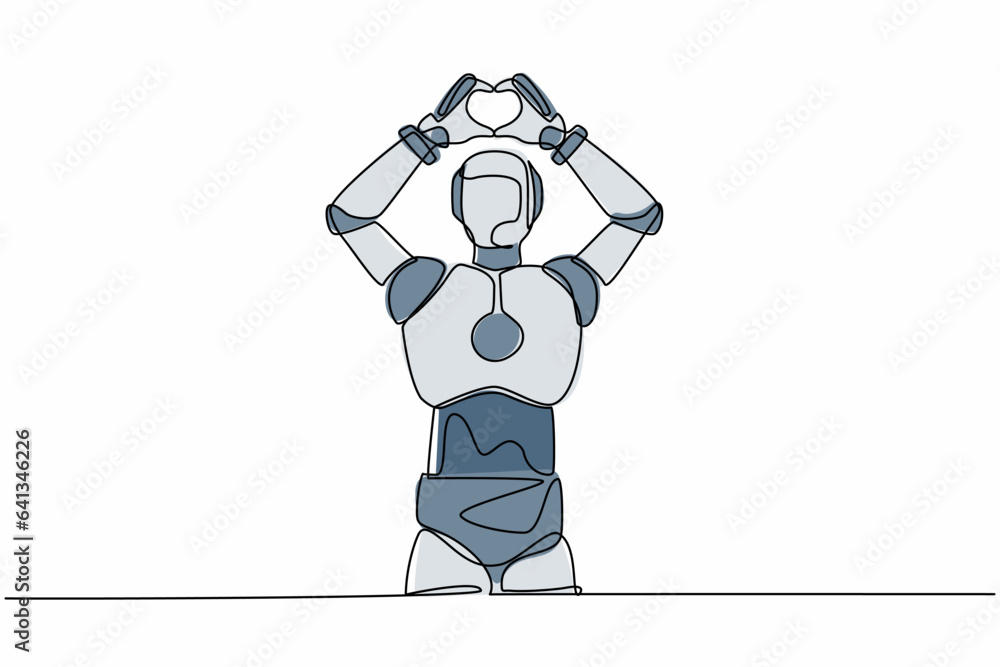Aufkleber single one line drawing robot standing with making love sign or heart symbol with fingers over head.