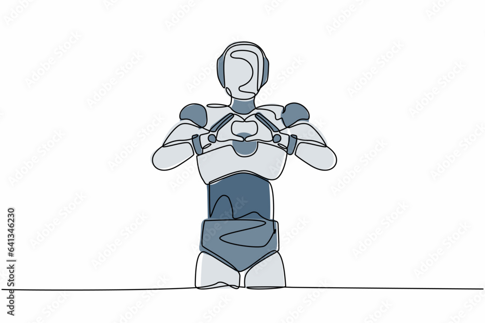 Aufkleber continuous one line drawing robot standing with making love sign, heart symbol in front of chest. hu