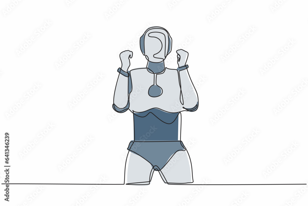 Poster single continuous line drawing robot standing with both hands do gesture yes, celebrate success of c