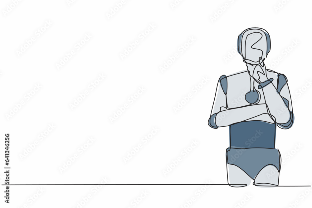 Poster single continuous line drawing robot standing in thoughtful pose holding chin thinking. modern robot