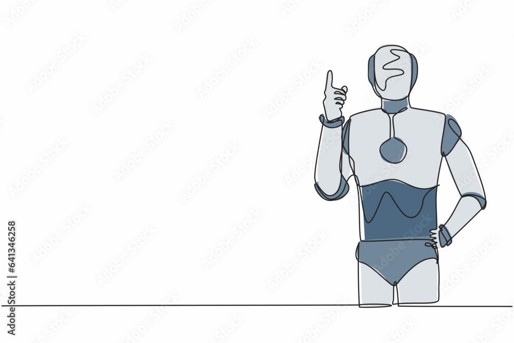 Poster single one line drawing robot standing with finger index up gesture. emotion and body language. arti