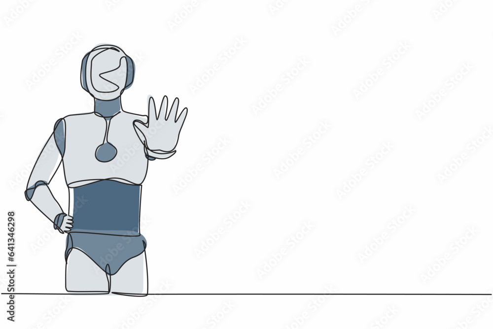 Poster single one line drawing robot standing with palm as stop signal, stay, hold, rejection gesture. futu