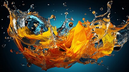 Yellow and blue water splashes in circle shape on black. Generative AI.