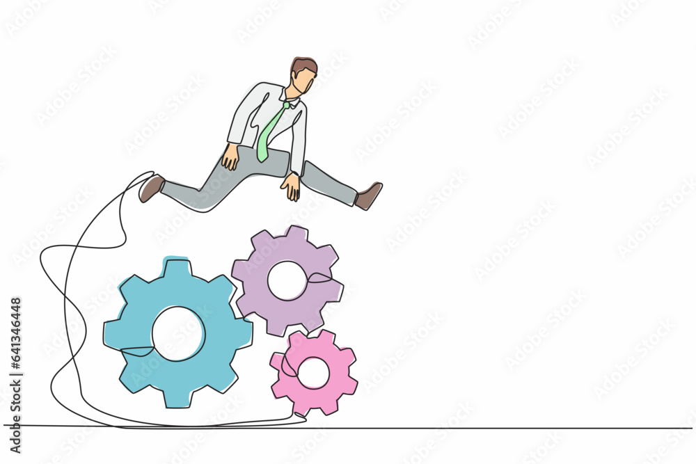 Poster continuous one line drawing businessman jumping over big gears. entrepreneur creating and developing