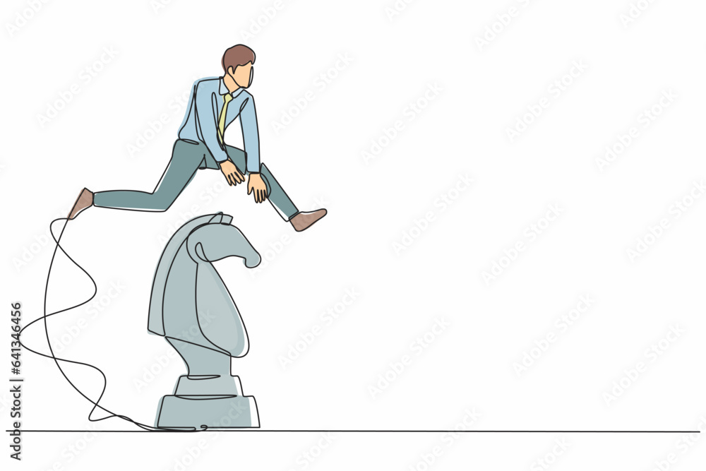 Poster single continuous line drawing businessman jumping over big chess knight. tactic strategy move in po