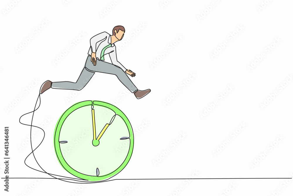 Poster single one line drawing confidence businessman employee worker jump over time passing clock. smart t
