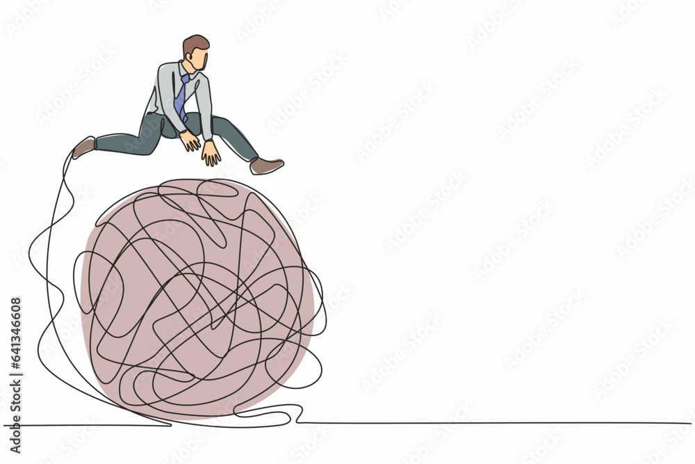 Poster continuous one line drawing businessman jumping over tangled scribble. solution looking for complica