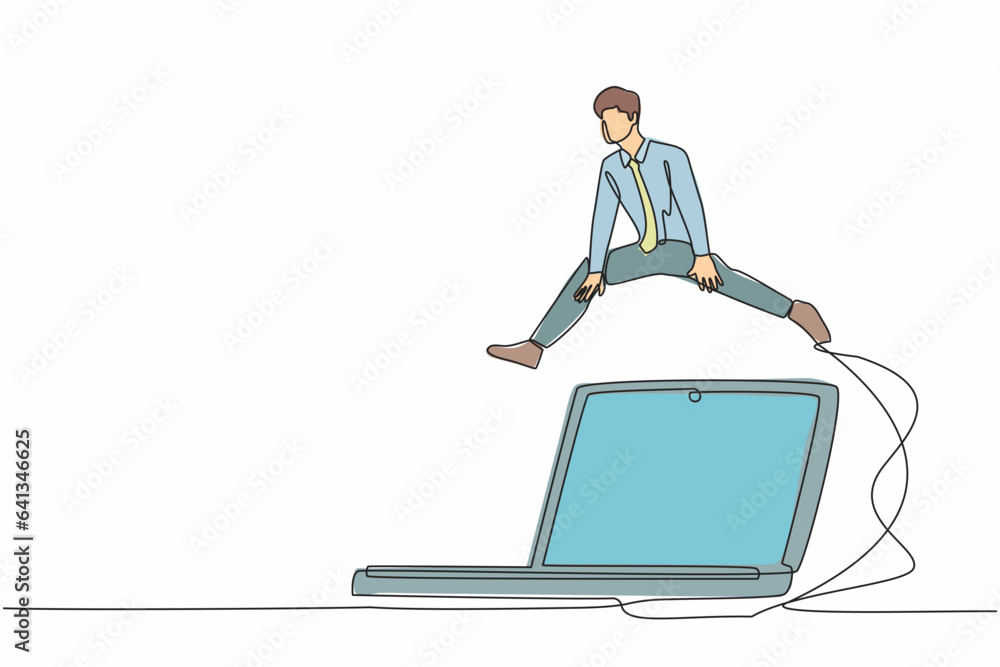 Poster single continuous line drawing businessman jumping over big laptop computer. information technology 