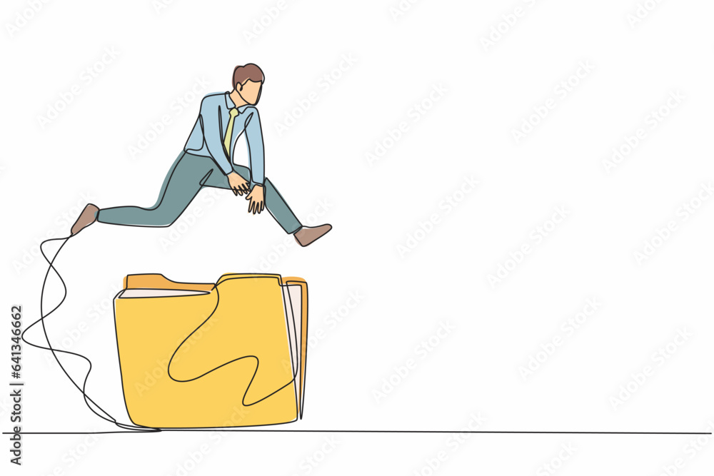 Poster continuous one line drawing businessman jumping over big folder icon. office paper document and file