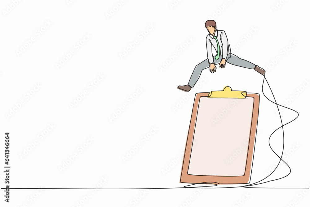 Poster single one line drawing businessman jumping over big clipboard. successful completion of business ta