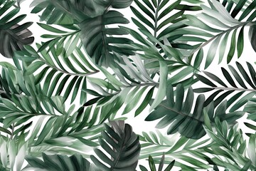 A repeatable pattern of green tropical leaves, watercolour. Seamless floral pattern