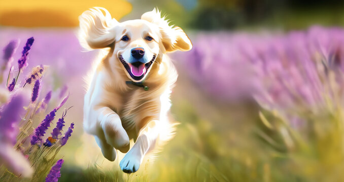  immagine primo piano di cane golden retriever che corre felice in un campo, prato con fiori