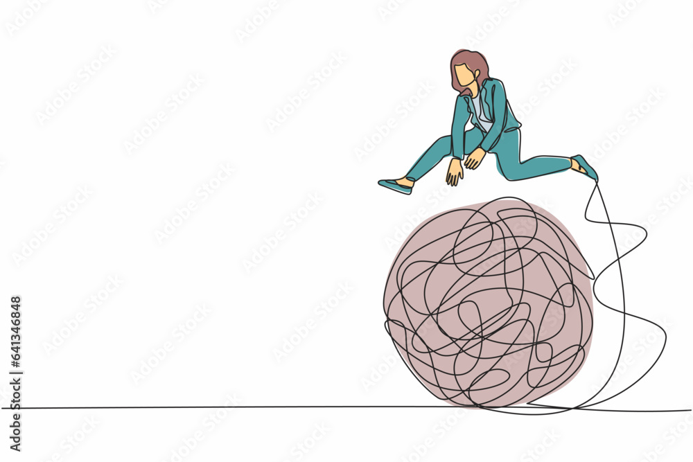 Poster single one line drawing businesswoman jumping over tangled scribble. overcoming complexity of proble