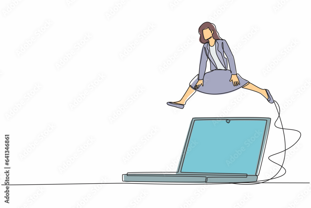 Poster continuous one line drawing businesswoman jumping over big laptop computer. office system informatio