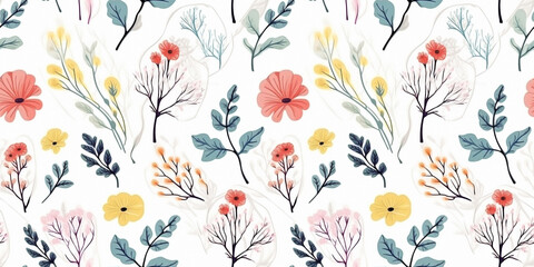 Group of striking colorful wildflowers in an endless seamless pattern on a neutral background. Floral print for textile manufacturing of children's clothing for boys and girls. Botanical mosaic concep