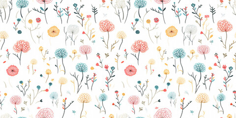 Group of striking colorful wildflowers in an endless seamless pattern on a neutral background. Floral print for textile manufacturing of children's clothing for boys and girls. Botanical mosaic concep