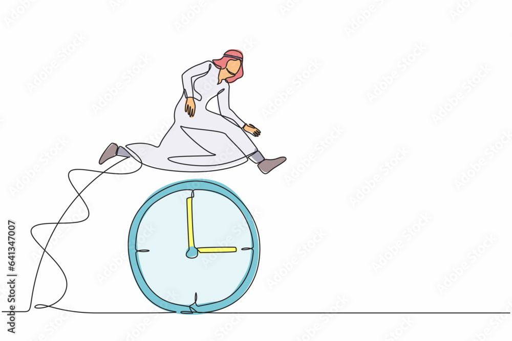 Poster continuous one line drawing arab businessman employee worker jump over time passing clock. daily tim