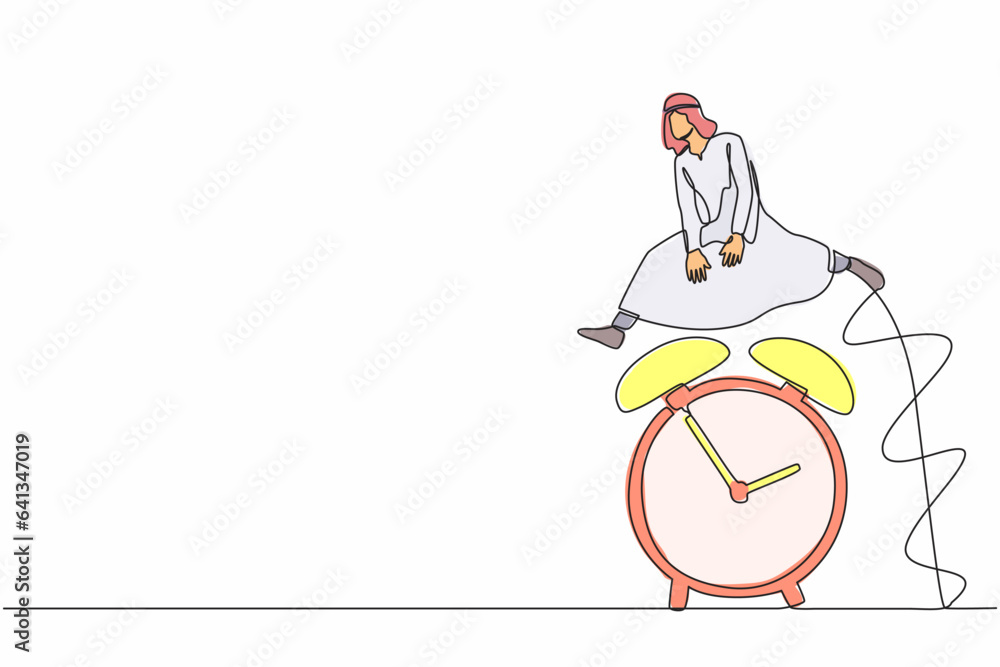 Poster single continuous line drawing arabian businessman jump over time passing alarm clock. overload work