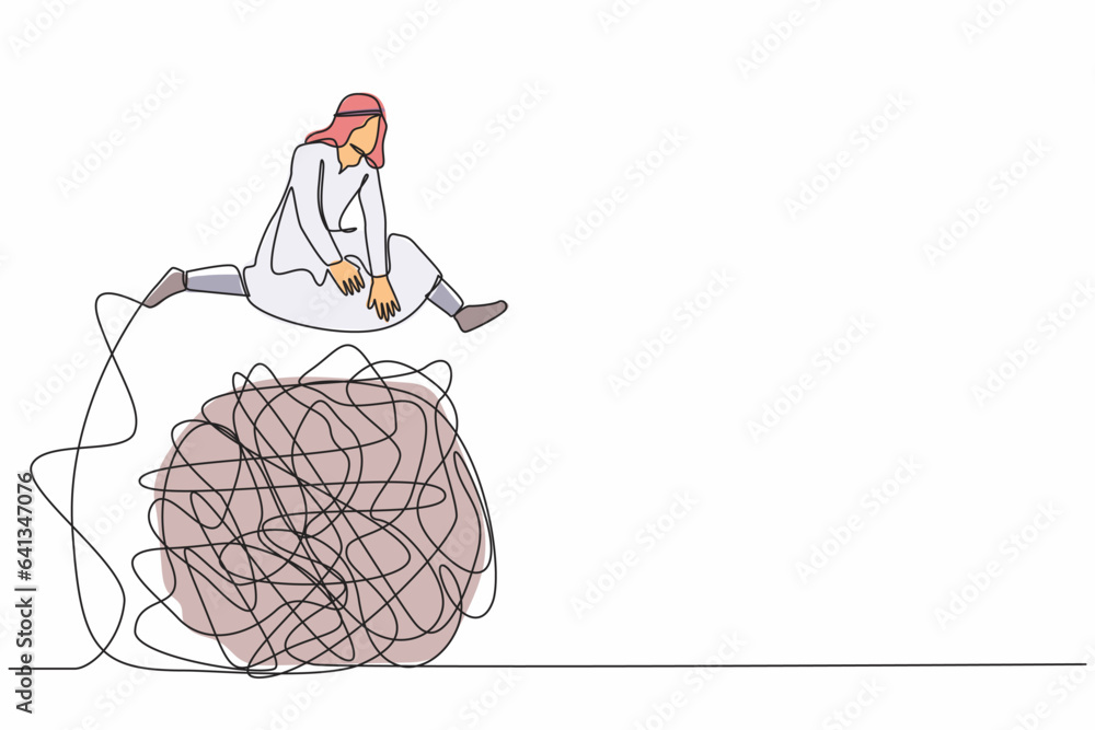 Poster continuous one line drawing arabian businessman jumping over tangled scribble. chaotic of office pro