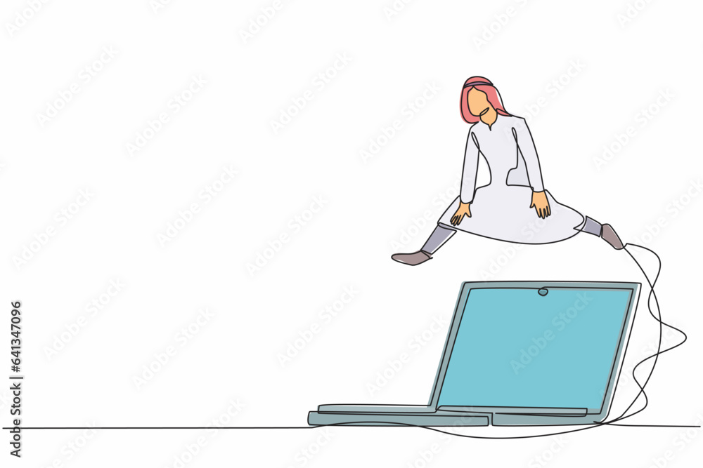 Poster single one line drawing arabian businessman jumping over big laptop. digital technology transformati