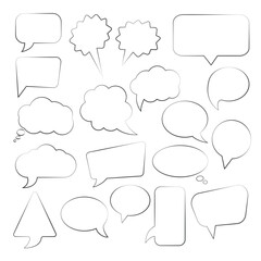Hand drawn set of speech bubbles sketch doodle. Collection of hand drawn think and talk speech bubbles. Doodle style comic balloon, cloud. isolated vector.