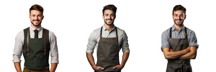 Happy employee in a white apron with crossed arms working as a barman waiter or gardener - obrazy, fototapety, plakaty