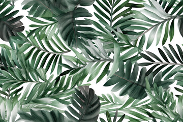 A repeatable pattern of colourful tropical leaves, watercolour. Seamless floral pattern