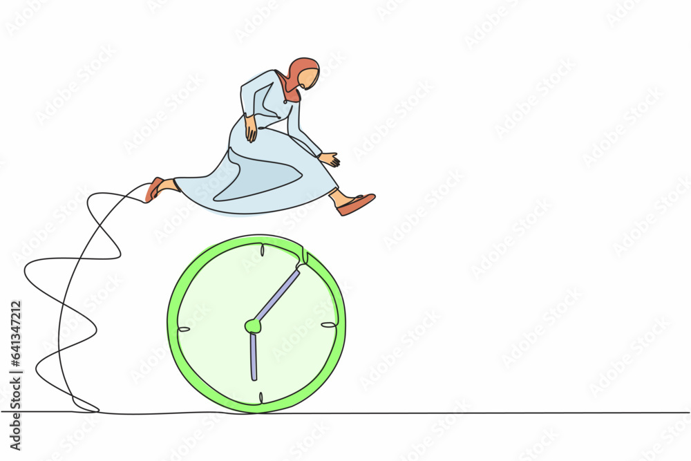 Poster continuous one line drawing arabian businesswoman jump over time passing clock. task planning, work 
