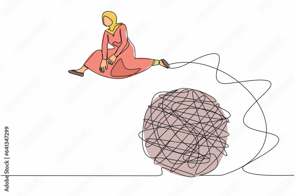 Poster continuous one line drawing arab businesswoman jumping over tangled scribble. solution looking for c