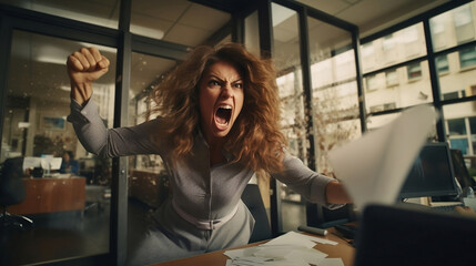 angry woman in the office - obrazy, fototapety, plakaty