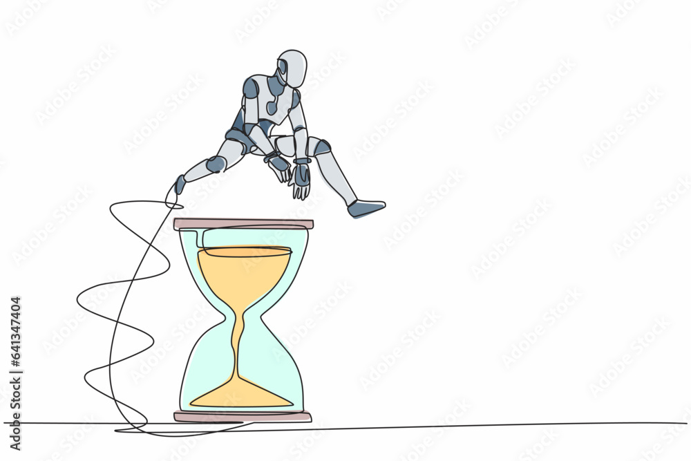 Poster single continuous line drawing robot jumping over hourglass. business scheduling and time management