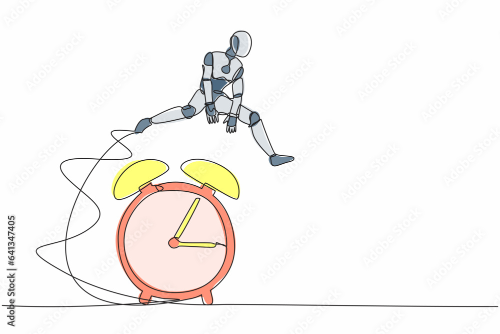 Poster continuous one line drawing robot jump over alarm clock. business deadline, working time efficiency.