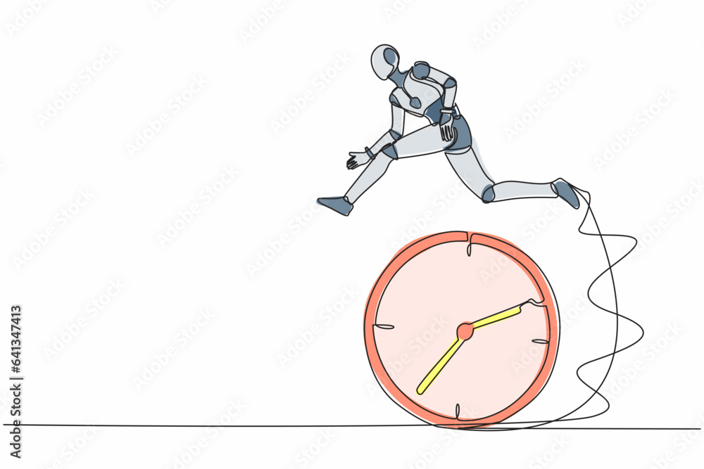Poster single continuous line drawing robot jumping over clock. time management, scheduling. work effective