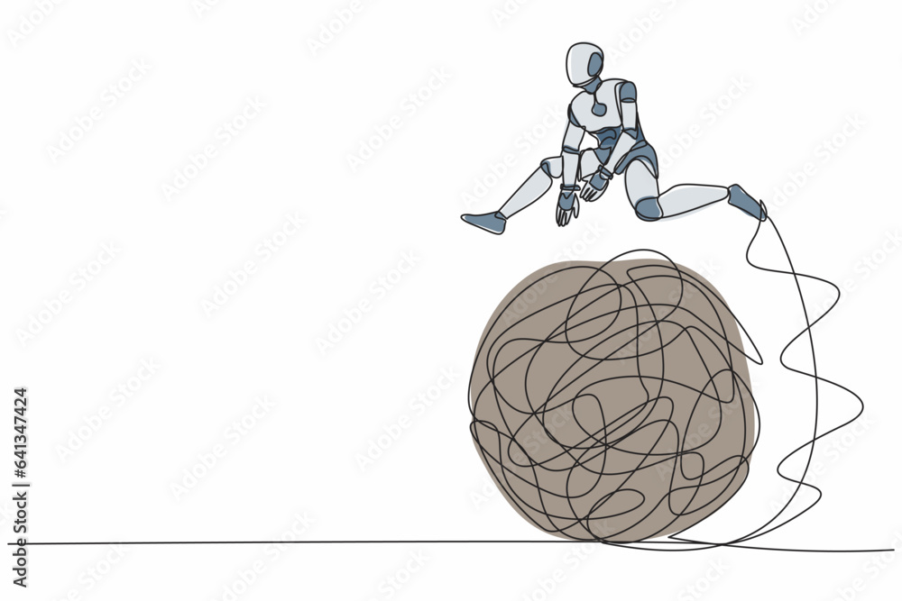Poster single one line drawing robot jumping over tangled scribble. overcoming complexity of problem. futur