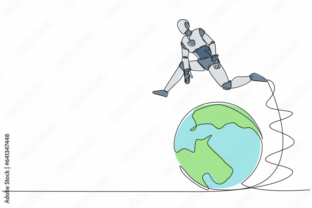 Aufkleber single continuous line drawing robot jumping over globe. international partnership, cooperation in b