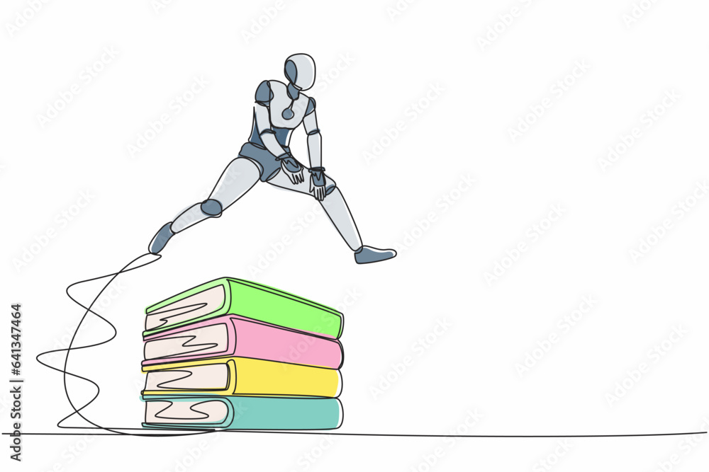 Poster single one line drawing robot jumping over pile of big binders. stack of paper work document. inform