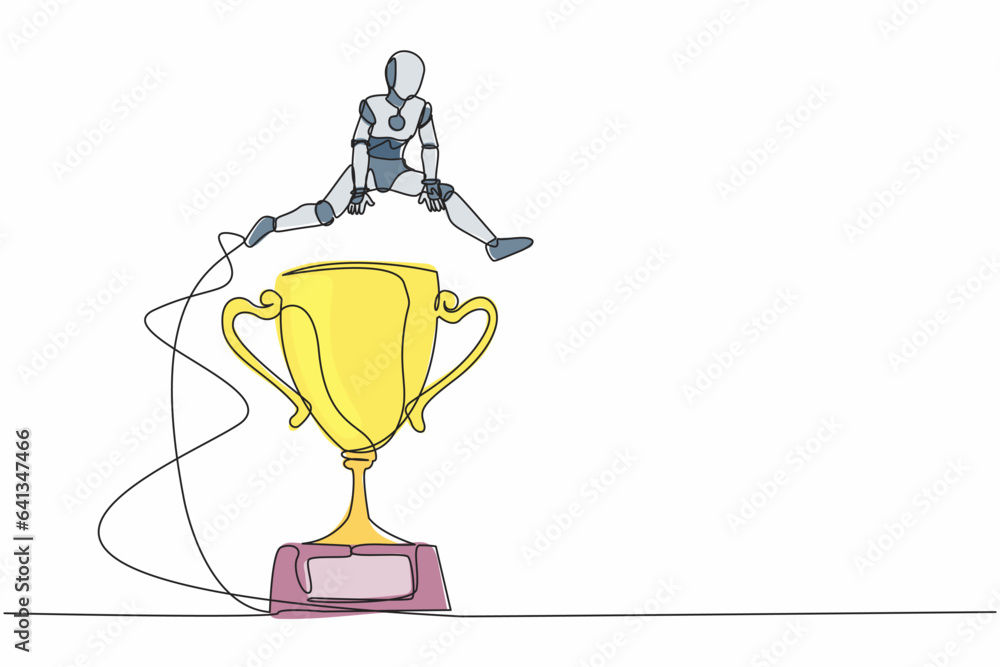 Poster continuous one line drawing robot jumping over big trophy. challenge or succeed in business competit