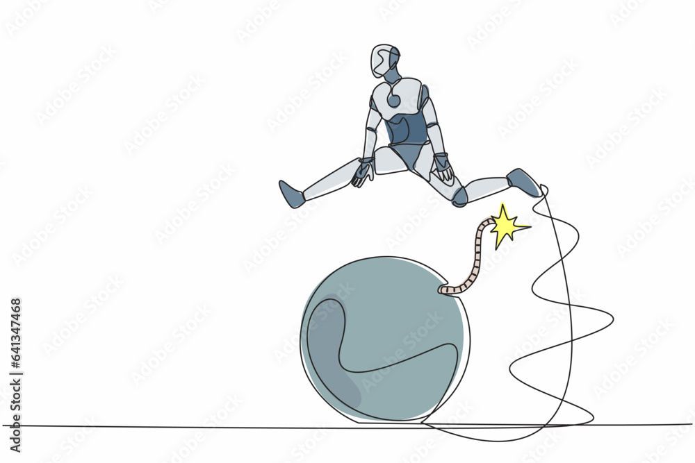 Poster continuous one line drawing robot jumping over bomb. explosion of the economic crisis. increasing un