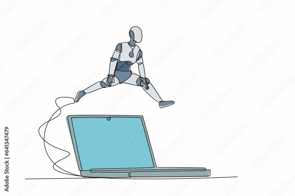 Poster single one line drawing robot jumping over big laptop computer. office system information technology