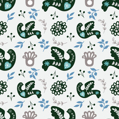 Seamless pattern with decorative folk art elements and bird. Hand drawn vector pattern scandinavian  nordic style on a white background
