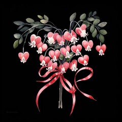 Bleeding heart Bouquet Flowers on a Black Background. Generative