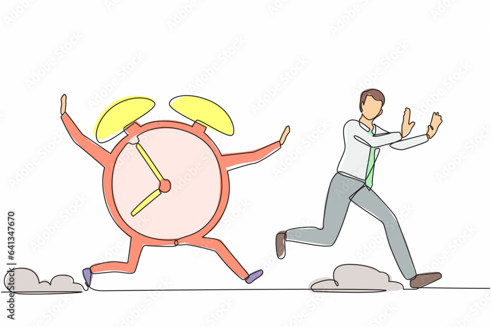 Poster single one line drawing stressed businessman being chased by clock. running out of time. deadline pr