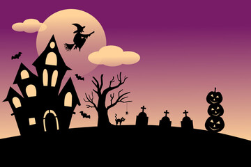 Halloween full moon night background, dark castle, pumpkins, tombstone, witch, and bats. Vector illustration.