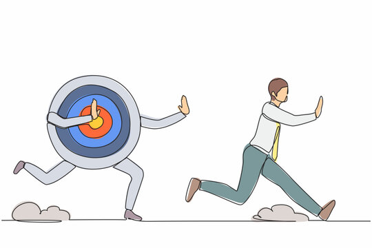 Single continuous line drawing stressed businessman being chased by archery bullseye target. Losing motivation to achieve business goal, advancement in career. One line draw design vector illustration