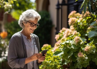 Smiling senior woman using smartphone while standing in flowerbed at home.