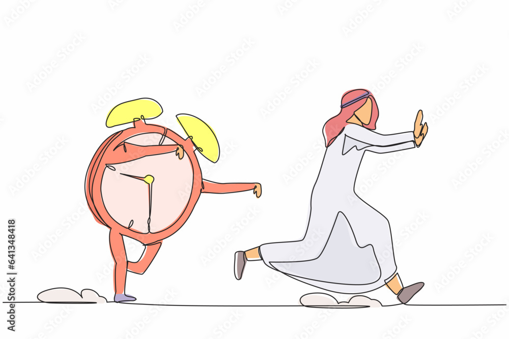 Poster continuous one line drawing unhappy arabian businessman being chased by alarm clock. manager awake f