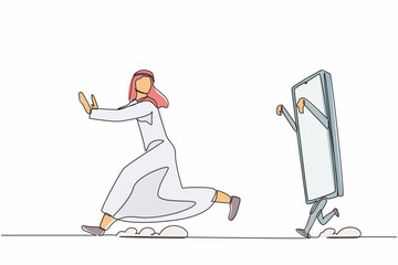 Obraz premium Continuous one line drawing unhappy Arab businessman being chased by smartphone. Refuse to talking or speaking to boss. Technology communication modern. Single line design vector graphic illustration